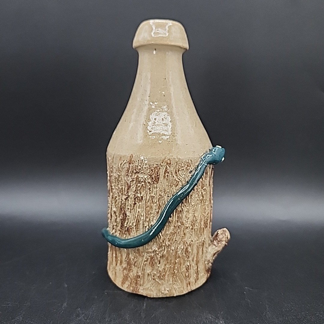 Unique Stoneware Artist Signed Pottery Bottle 7″ Tall Snake In Tree Design