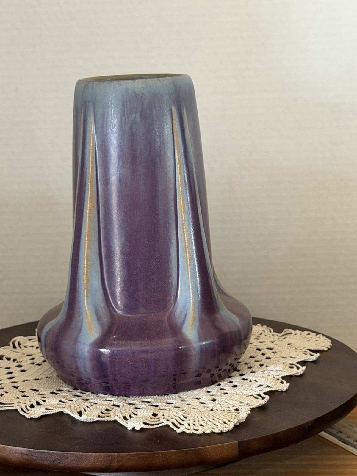 Fulper Arts And Crafts Pottery Purple Flambe Glaze Four Buttressed Vase 47