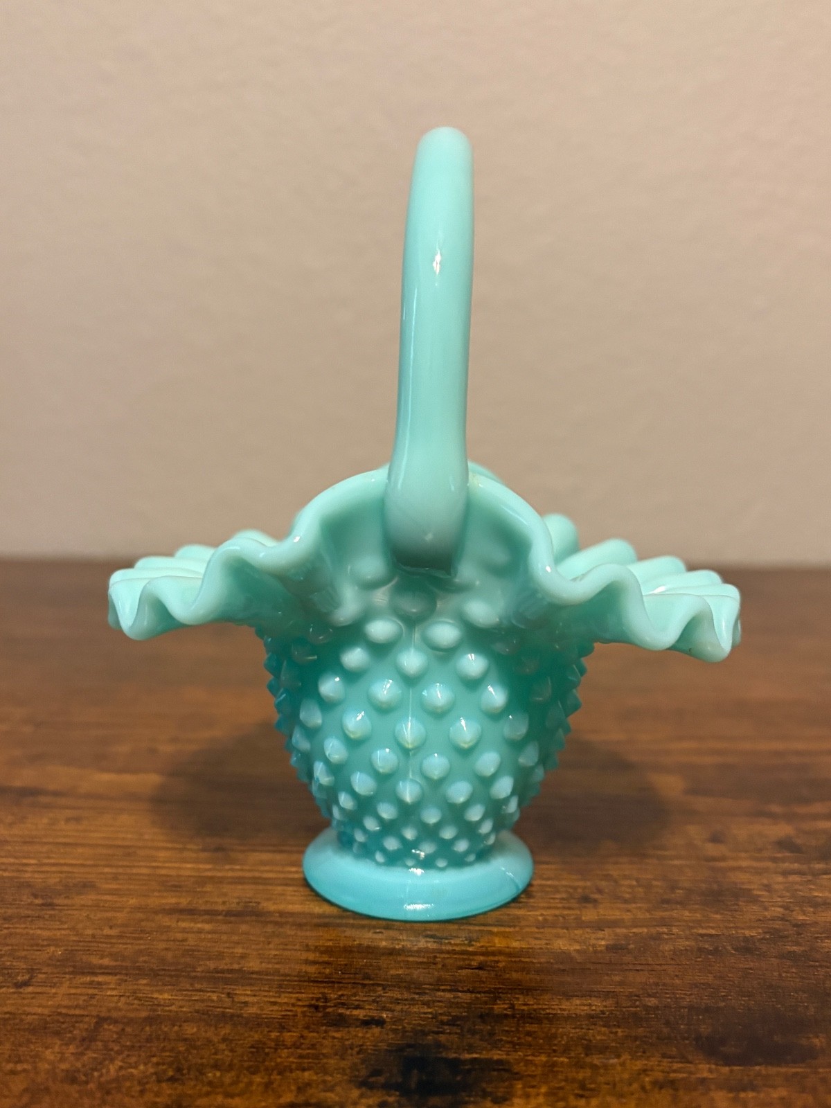 VTG Fenton Pastel Turquoise Blue 5.5″H Hobnail Milk Glass Basket
