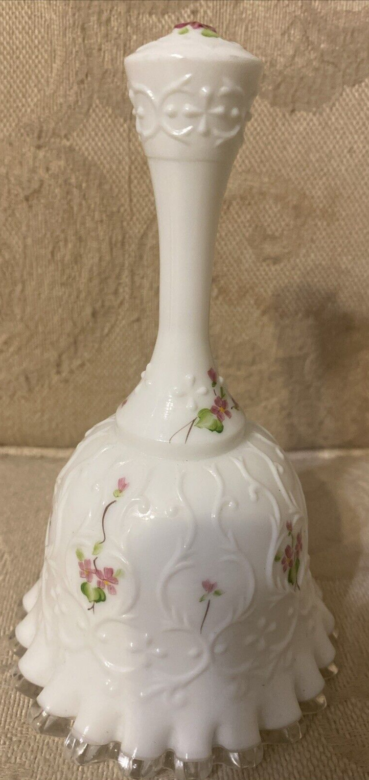 Vtg Fenton Violets In the Snow • Silver Crest Spanish Lace Bell • Signed Frida L