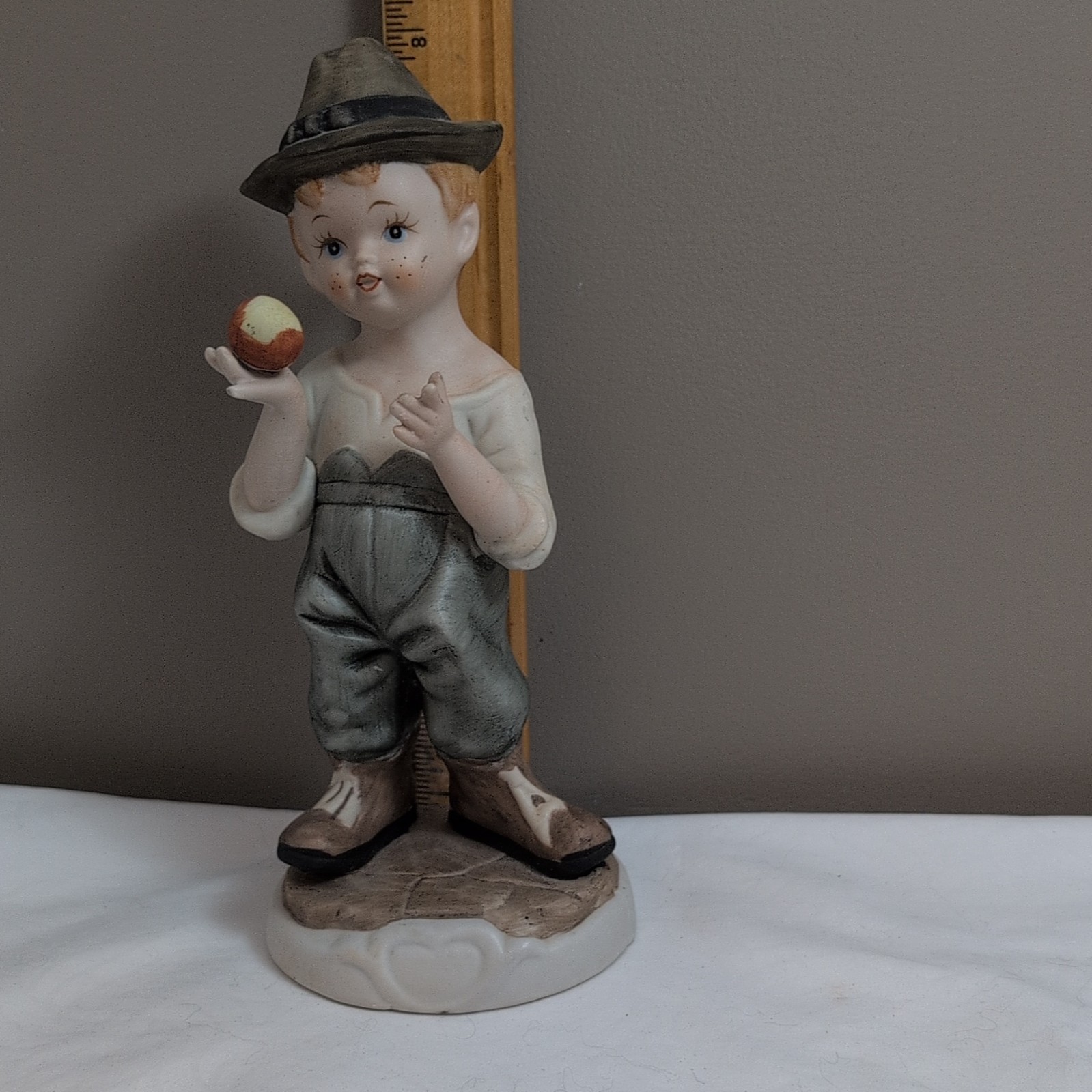 Vintage 8” Porcelain Boy with Apple Figurine – Hummel Style Mid-Century Bisque