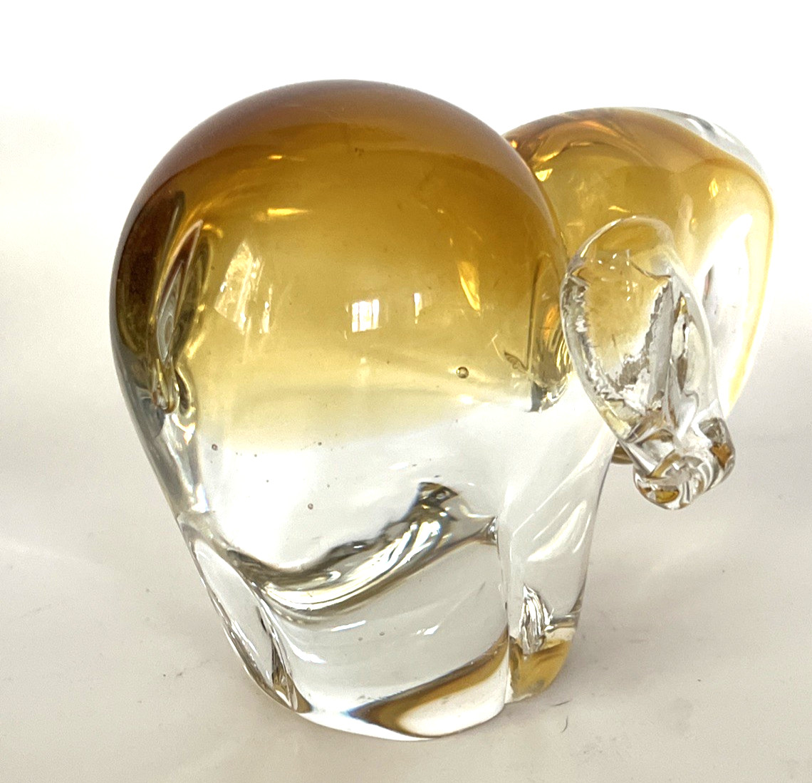 Hand Blown Art Glass Elephant Clear w/Amber Paperweight Heavy Polished Base 3.3#