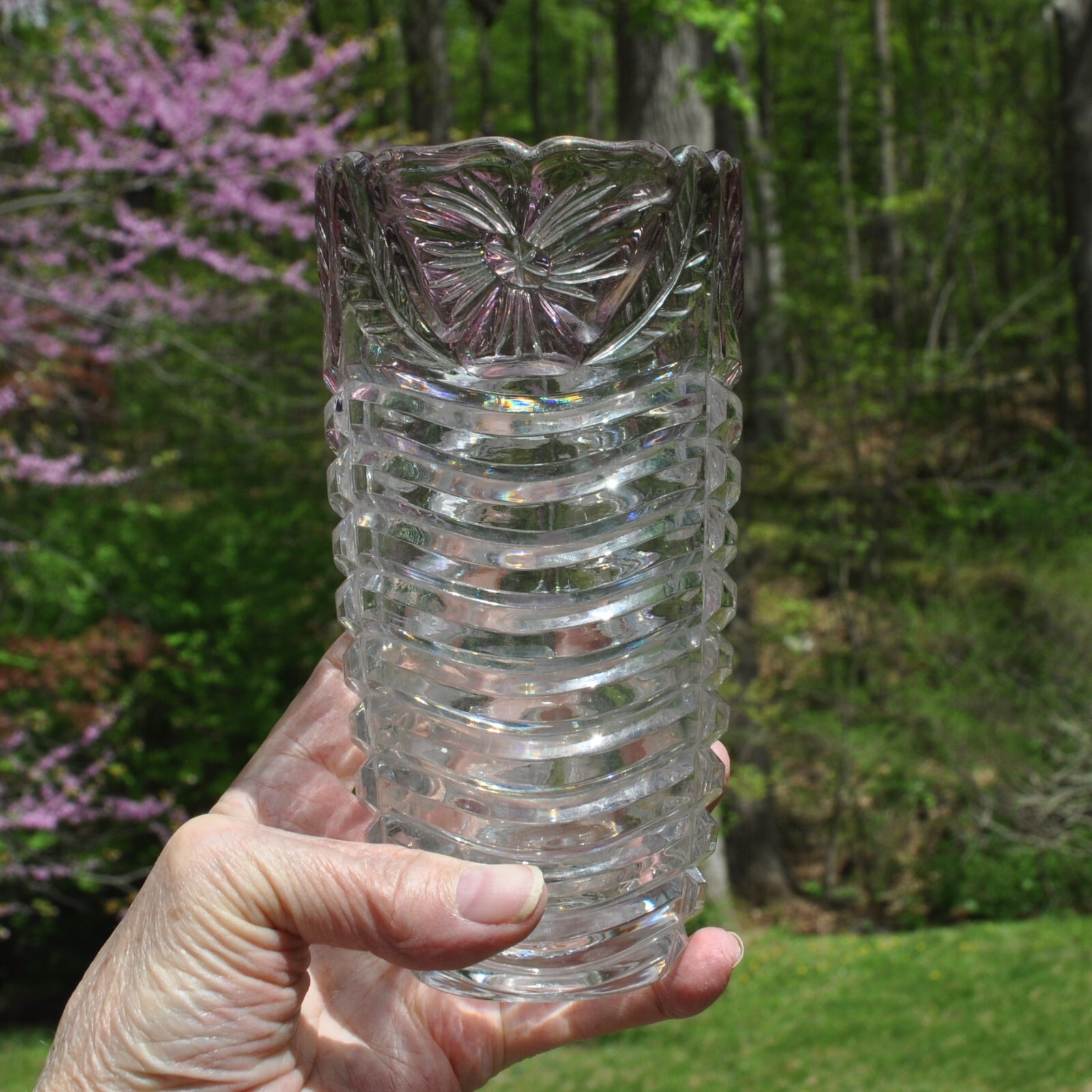 Purple Flowers Vase Anna Hutte Bleikristall 24% Lead Crystal Iridescent Ribbed