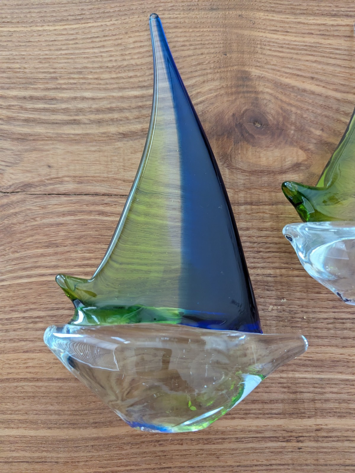 Vintage Murano Style Glassware Glass Sailboat Sculpture Blue Green Boats 6″& 8”
