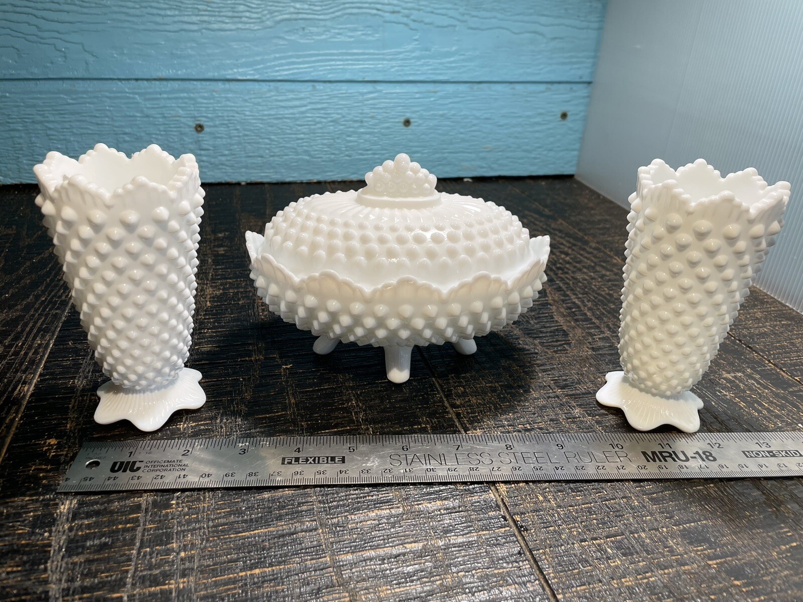 Vintage Fenton Milk Glass Covered Bowl & Vase, Hobnail Scalloped Crown Top