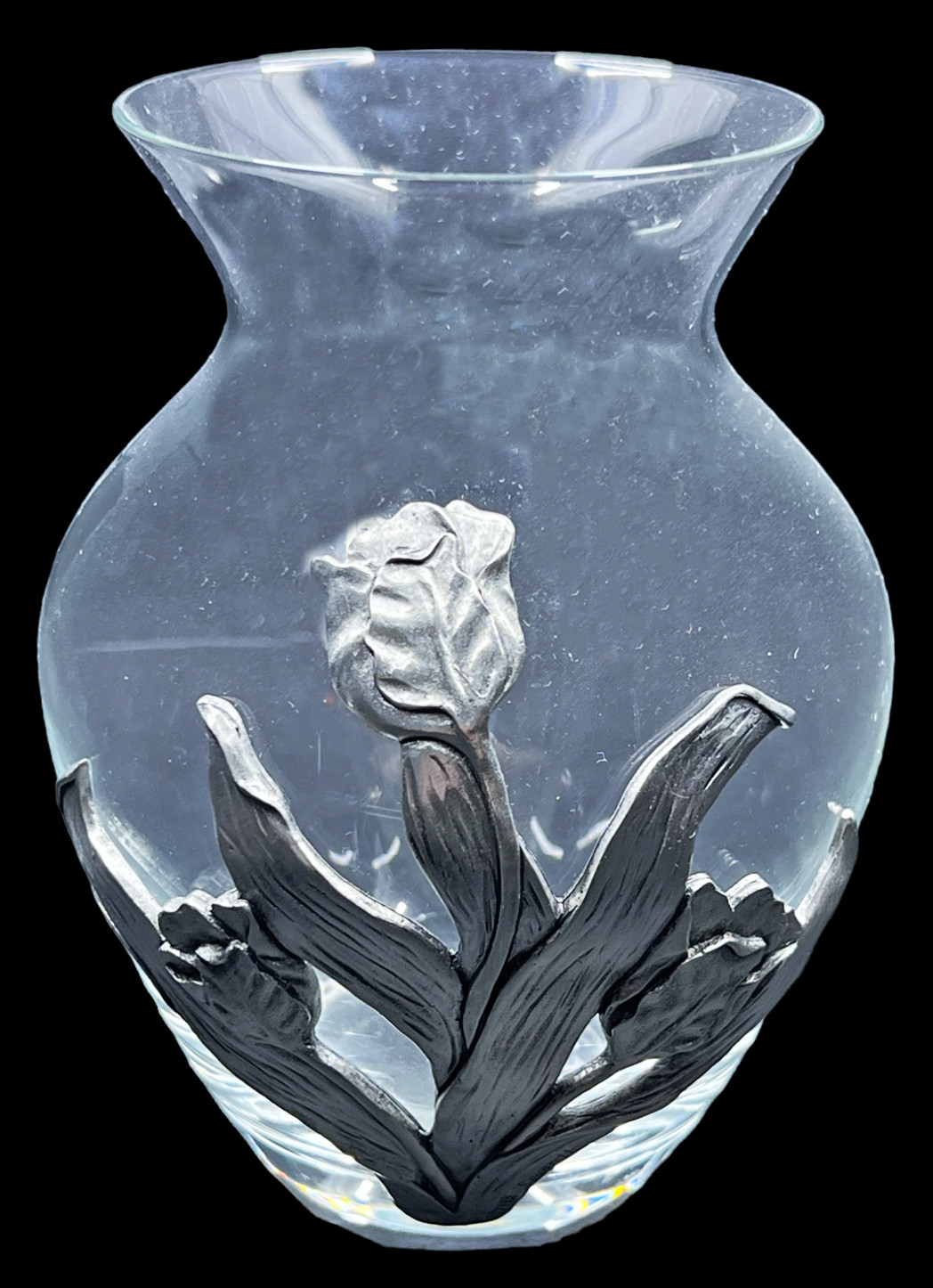1992 Seagull Pewter Art Glass Vase IRIS Flower Overlay Clear Nova Scotia Canada