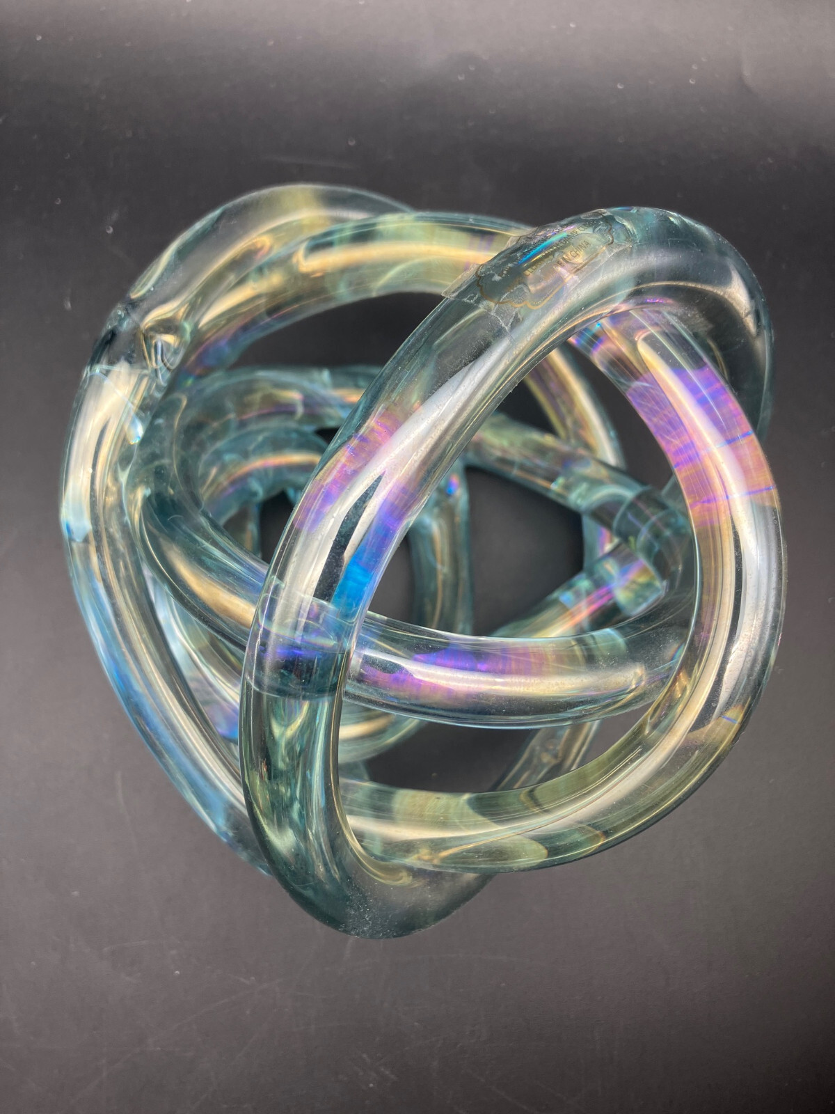 Decorative Light Blue Iridescent Pulled Glass Knot Sculpture 5.5” Gloss Finish