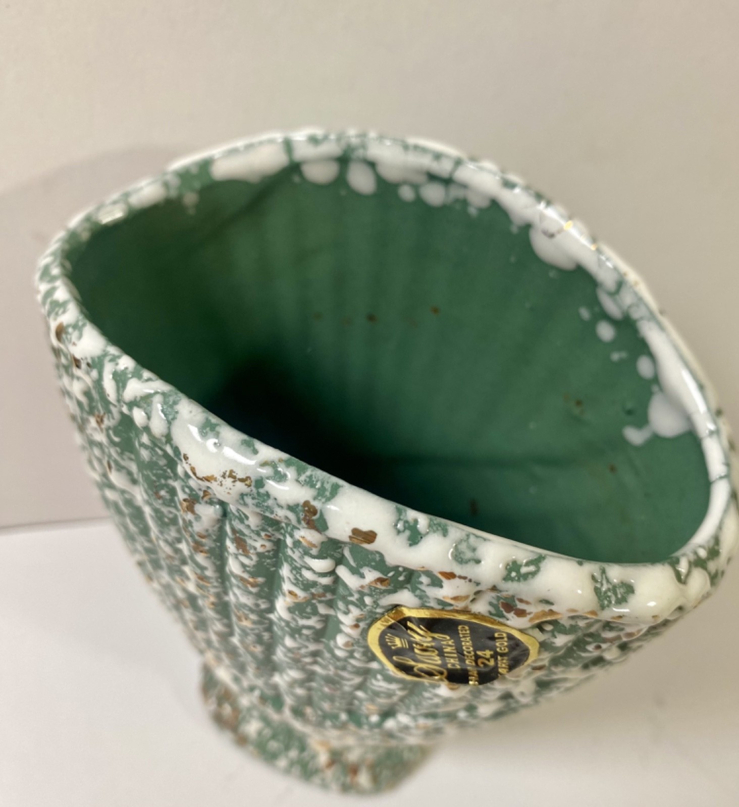 Vtg Savoy Speckle Vase Splatter Art Pottery Green White 24k Gold Planter MCM