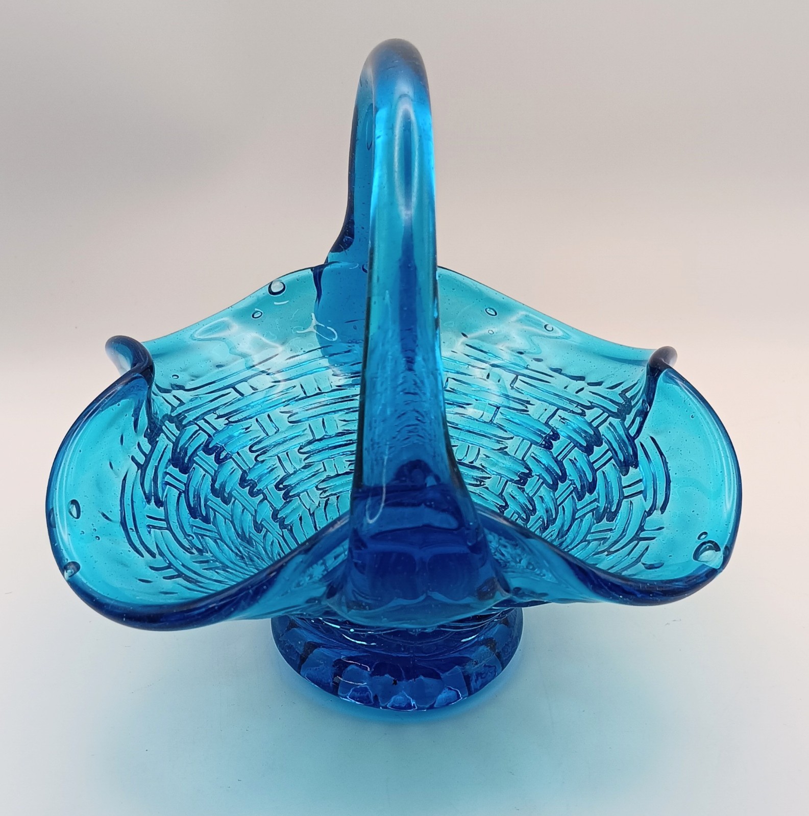 Vintage Fenton Style Blue Glass Basketweave Basket Crimped Ruffled Candy Dish