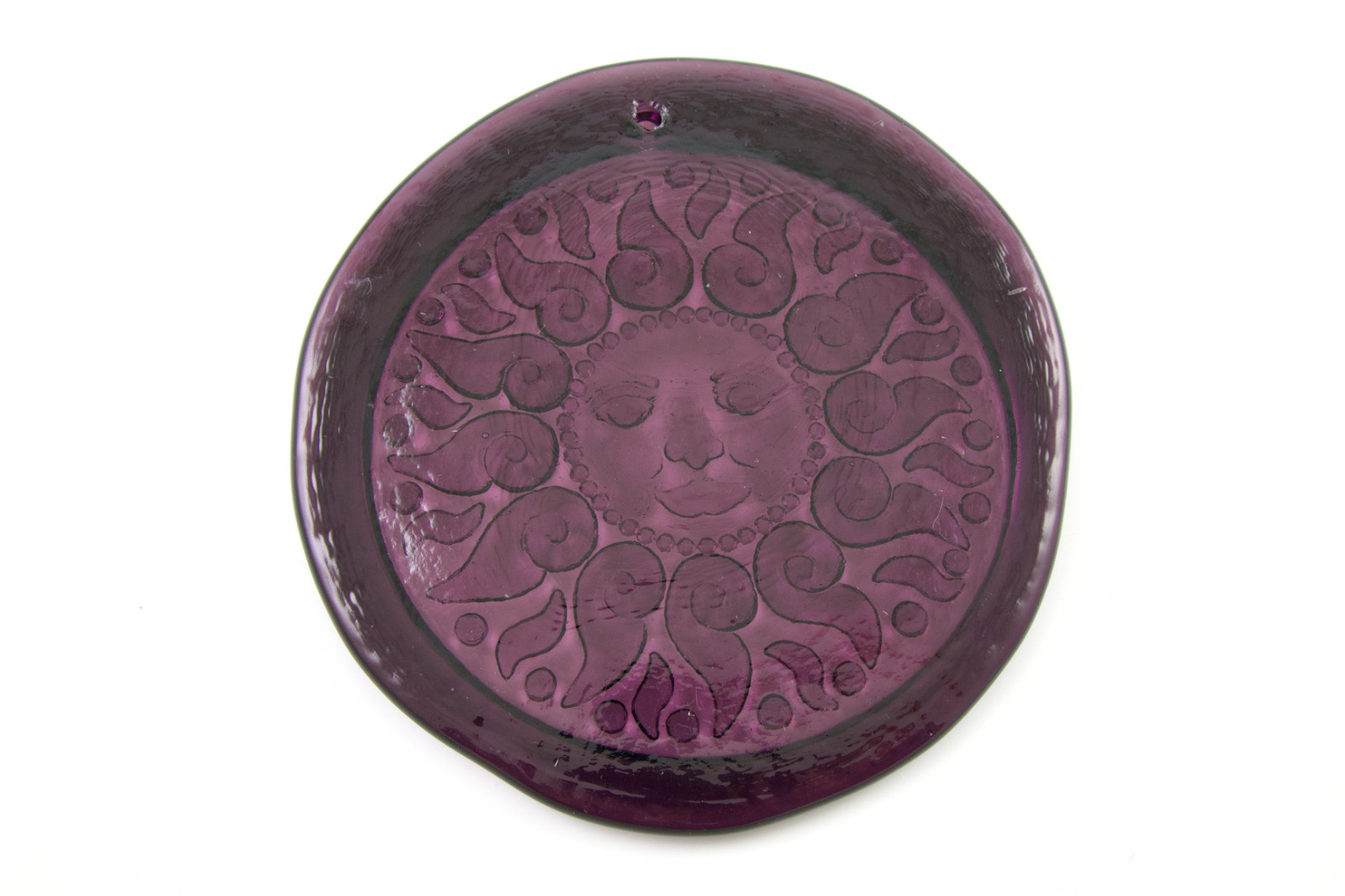Vintage Round Purple Amethyst Pressed Glass Smiling Sun Sol Suncatcher Medallion