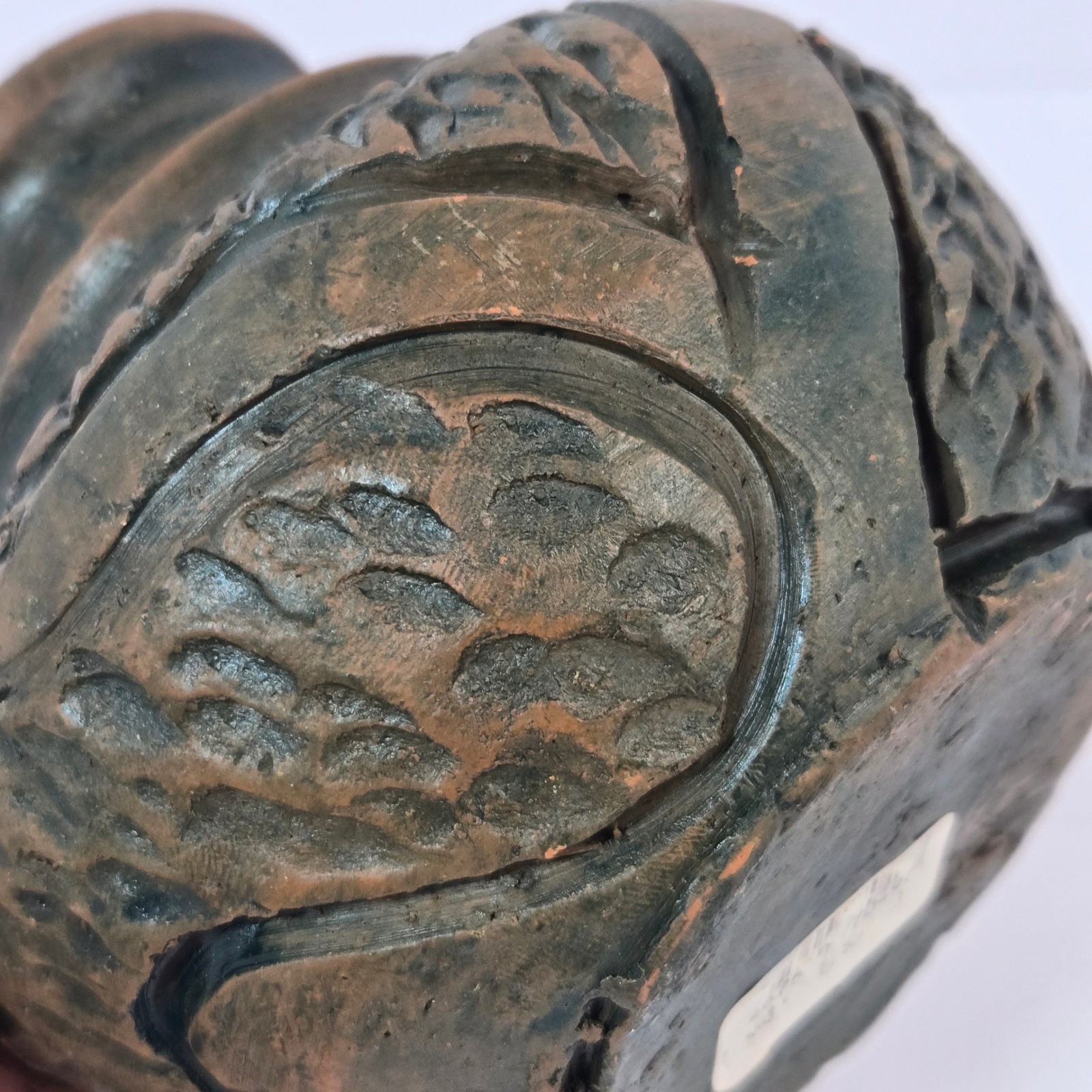 Ignacio Studio Pottery Hand Carved Rustic Brown Clay Jug Bird Handle 5.5in