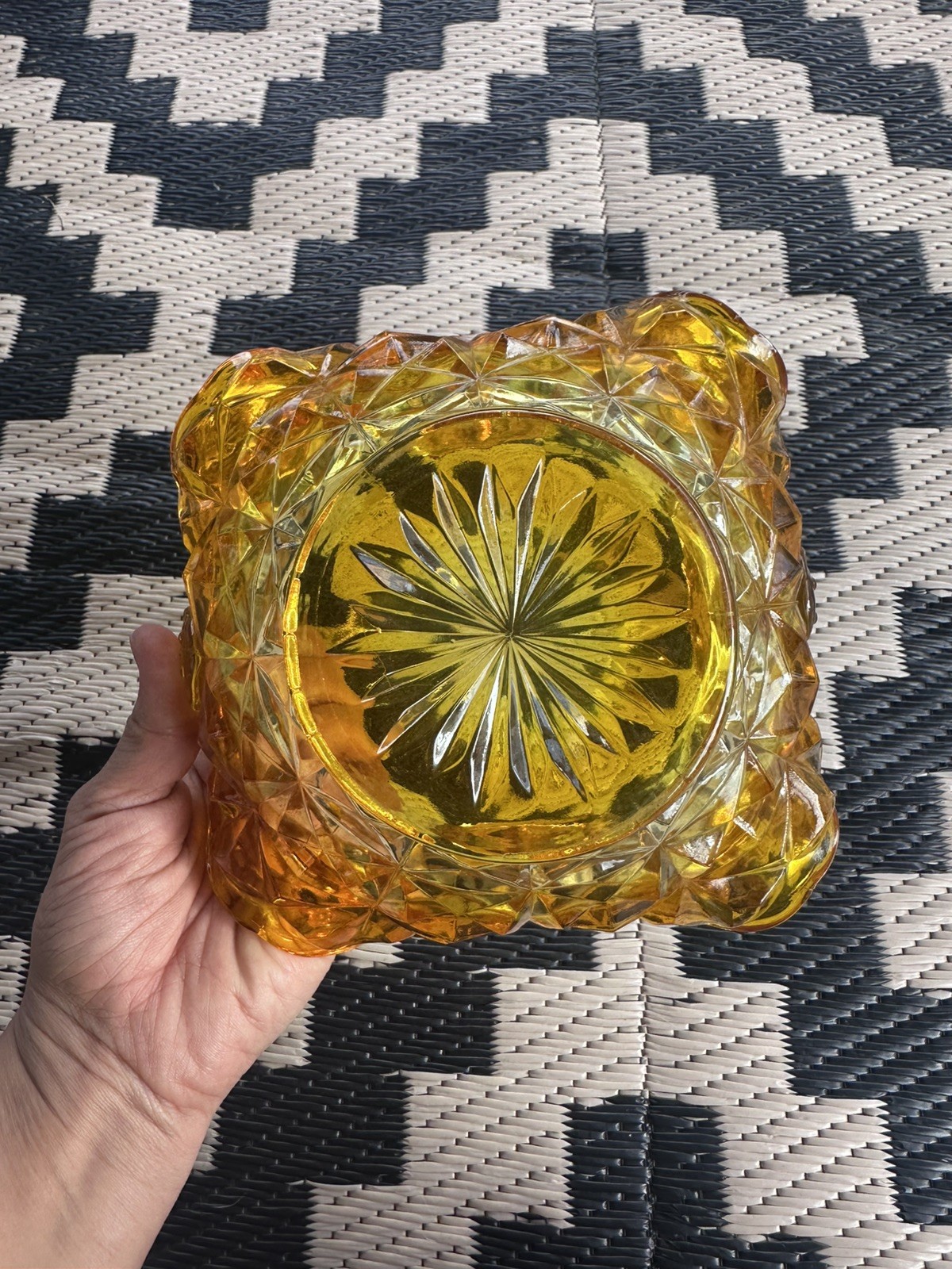 Indiana Glass Monticello Pattern Yellow Mist Amber Handled Basket Candy Dish Vtg