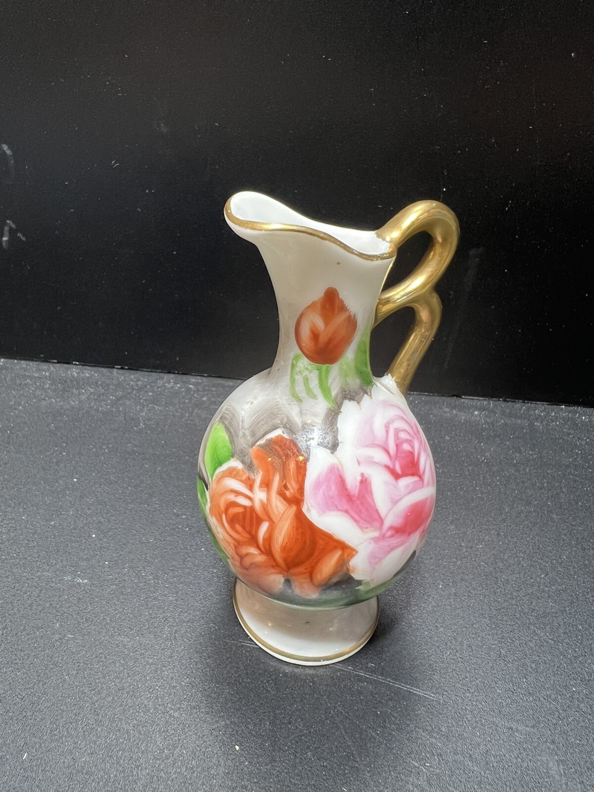 Norleans Mini Bud Vase Pitcher Pink Orange Flowers Gray w/ Gold Trim Vintage