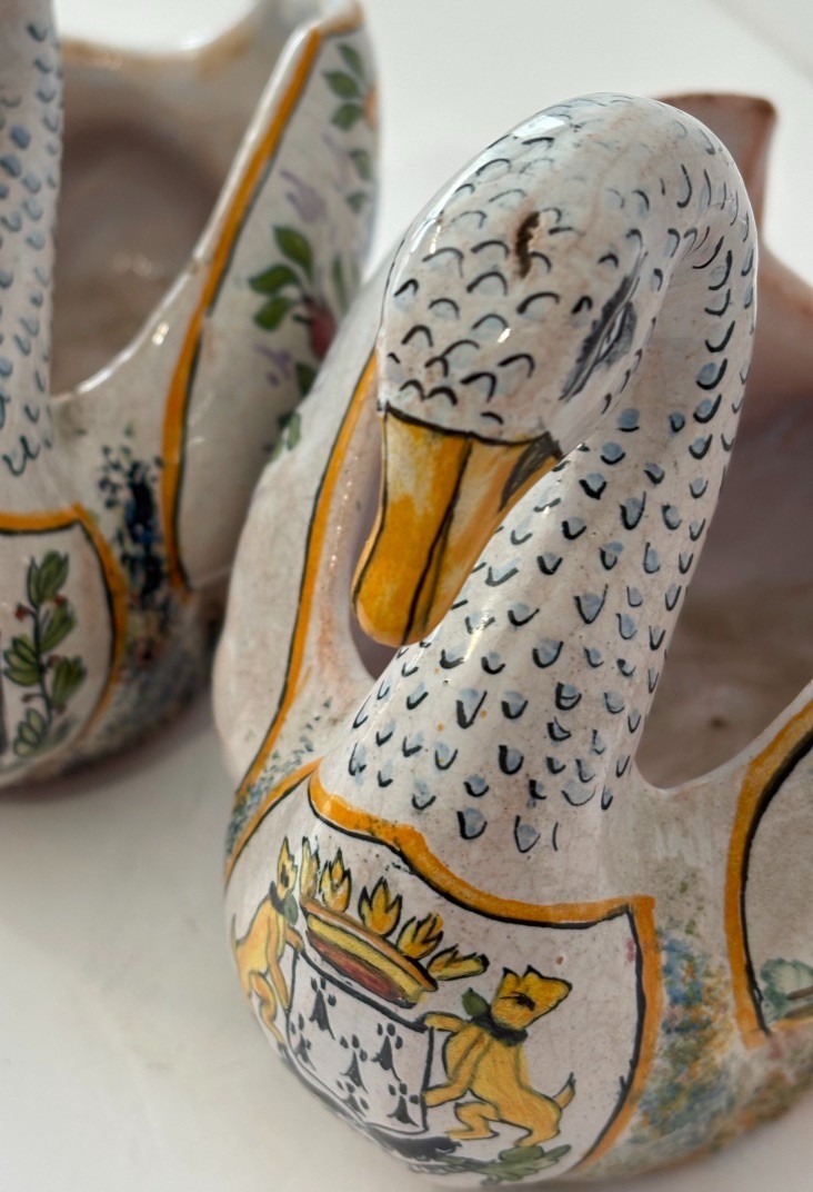 Antique Pair Malicorne Faience Swan Cachepots LD Leroy Dubois French Pottery