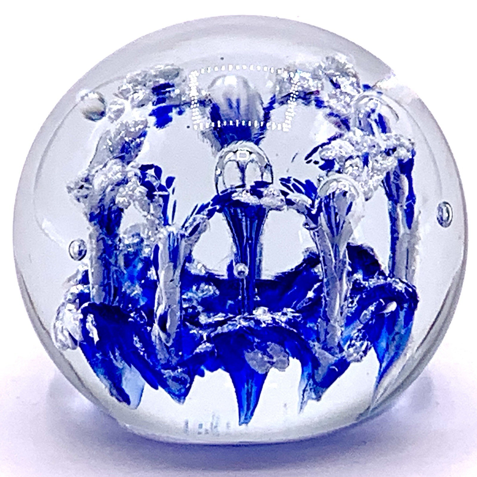 Glass Splash Paperweight Blue and Silver in Clear Round Orb 2.25″