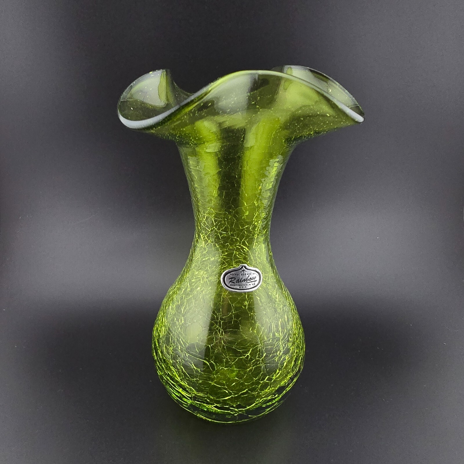 Rainbow Art Glass Crackle Green Vase Ruffled with sticker 6.5″ tall Vintage MCM