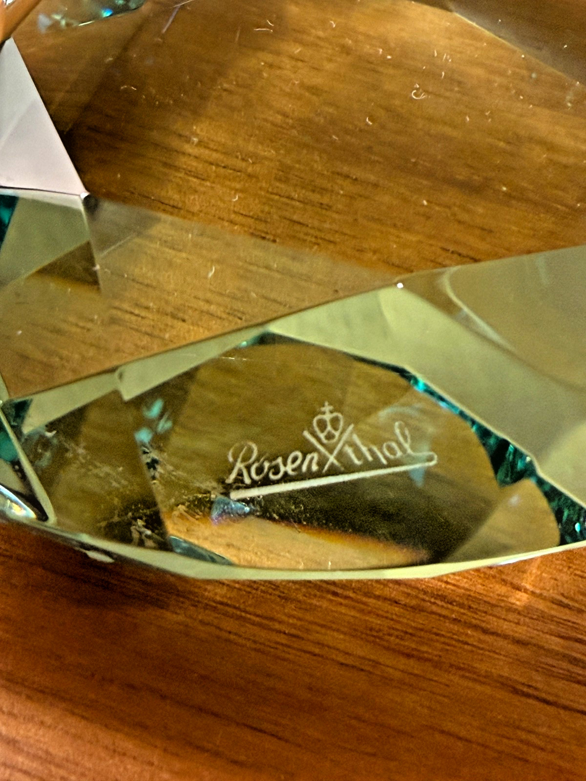 Rosenthal Signed Crystal Heart Shaped Paperweight Faceted Cut Green 3.5” 8oz