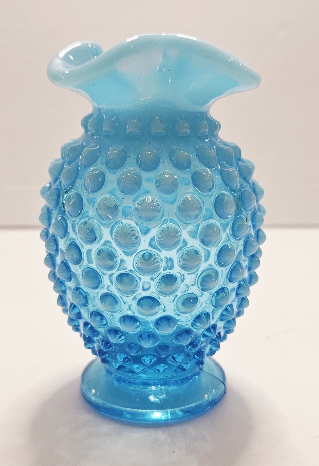 Vintage 4″ Fenton Glass Aqua Blue Opalescent Hobnail Ruffled Edge Bud Vase
