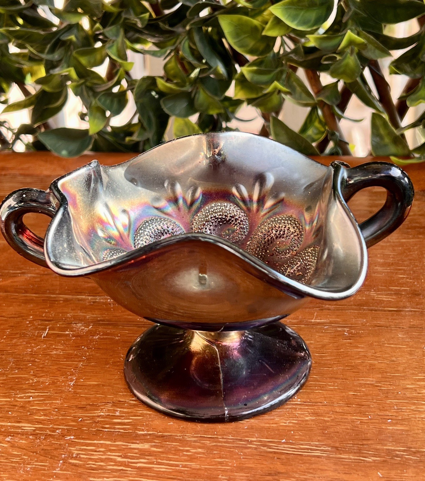 Antique Dugan Amethyst Carnival Glass Octopus Question Marks Bonbon Dish