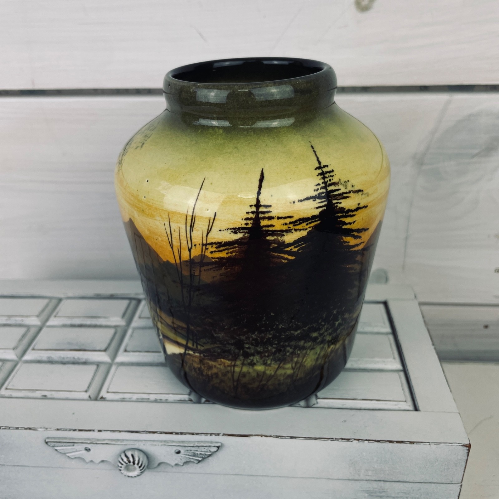 Vintage Hand Painted SMF GERMANY Schramberg Majolika Black Gold Pottery Vase