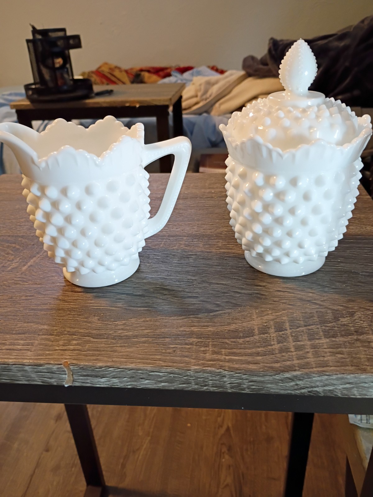Antique FENTON Hobnail Milkglass Lot 2 With 1 Lid