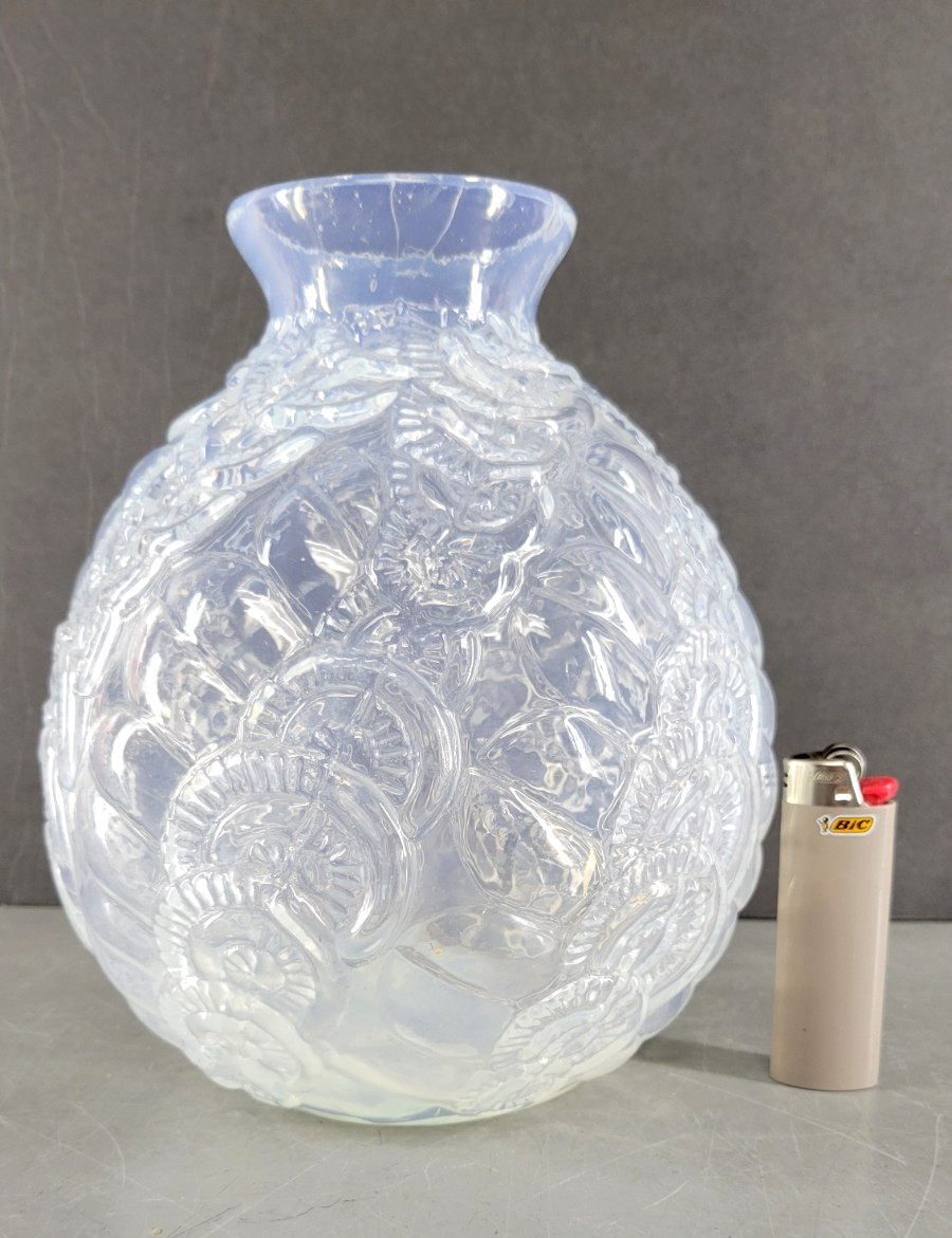SARS FRENCH BLUE ART DECO MOON GLASS OPALESCENT BLUE VASE FLORAL RELIEF FRANCE