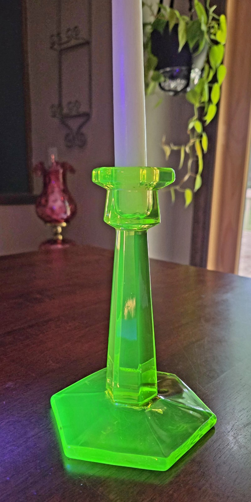 Vintage Vaseline Glass Candlestick Holder Hexagon Base 7″ Taper Canary Green