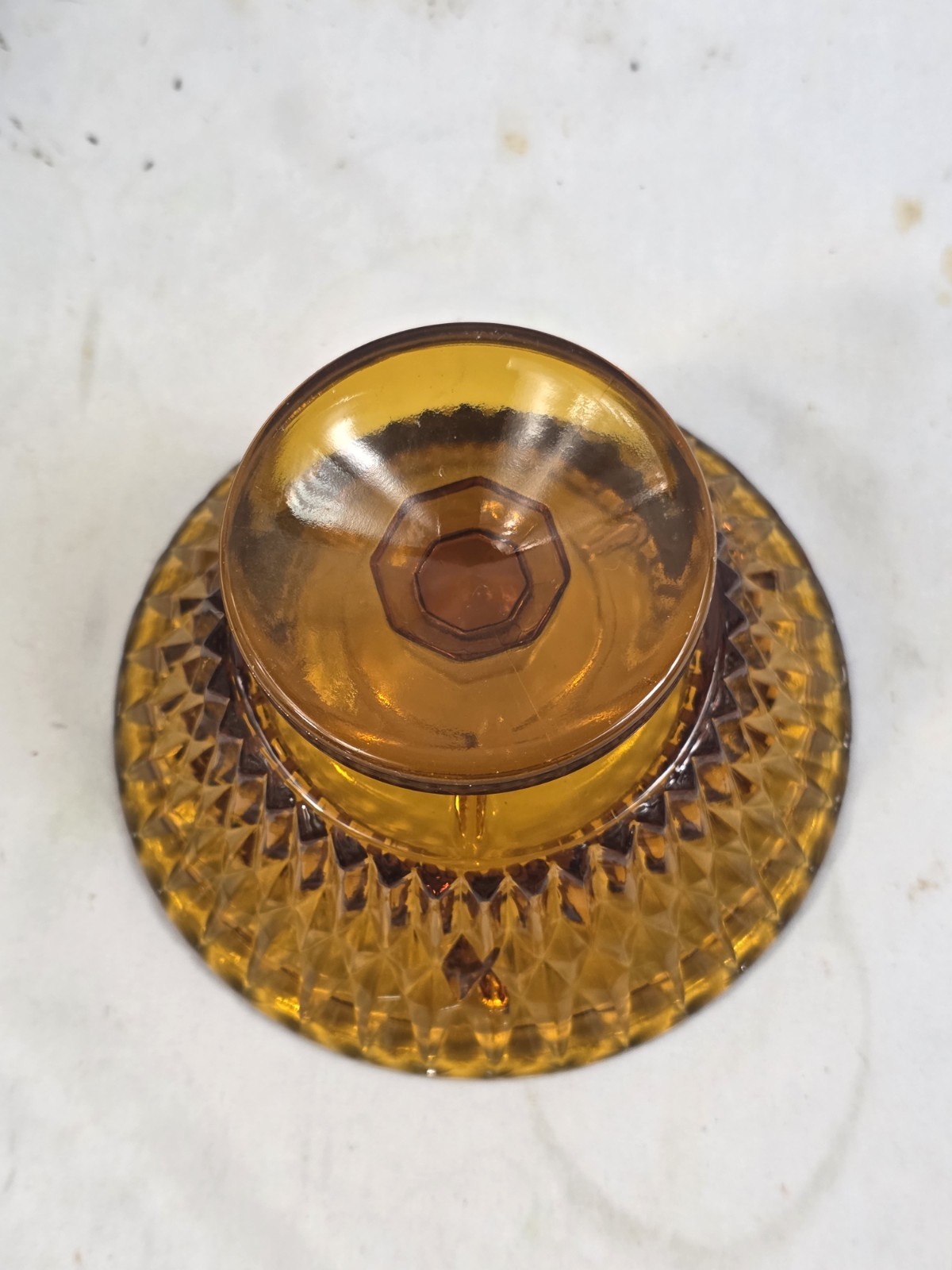 VTG MCM Indiana Glass Amber Diamond Point Fairy Lamp Pedastal Candle Holder 158