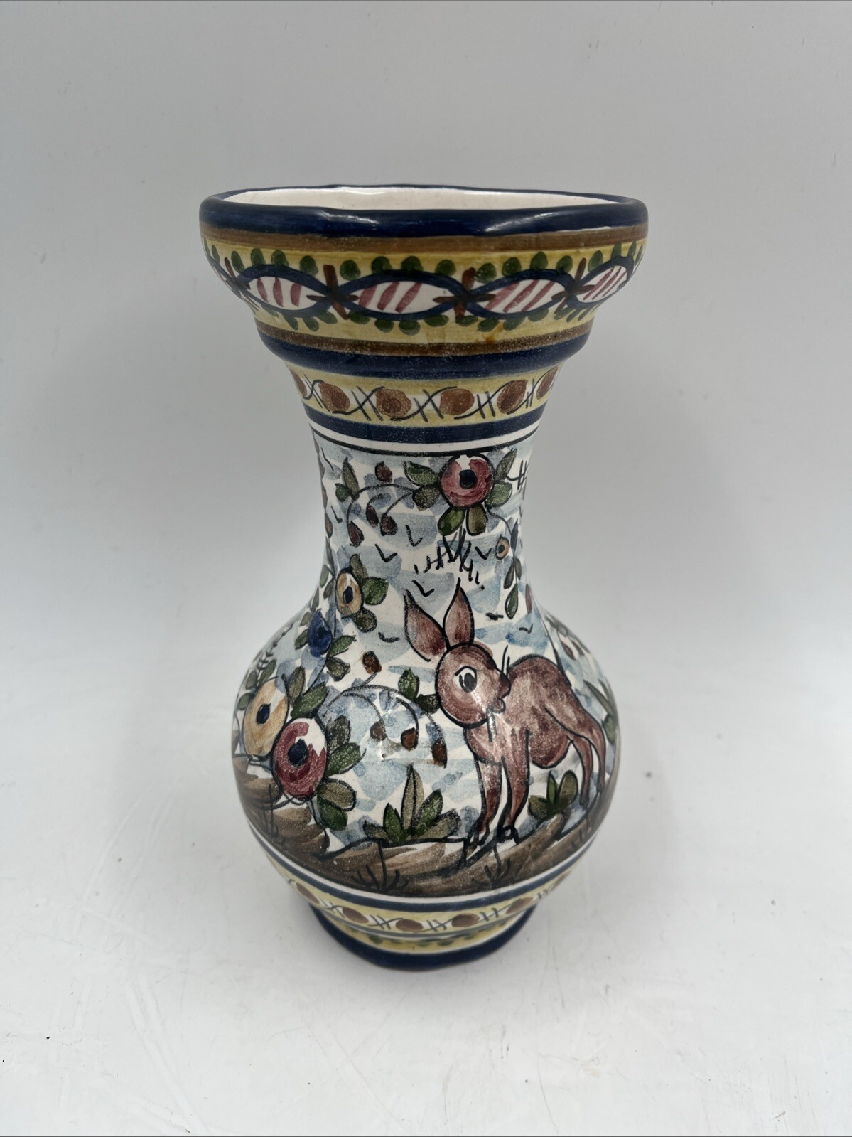 Vintage Signed Portugal Pottery Vase with Beautiful Whimsical Animal Floral
