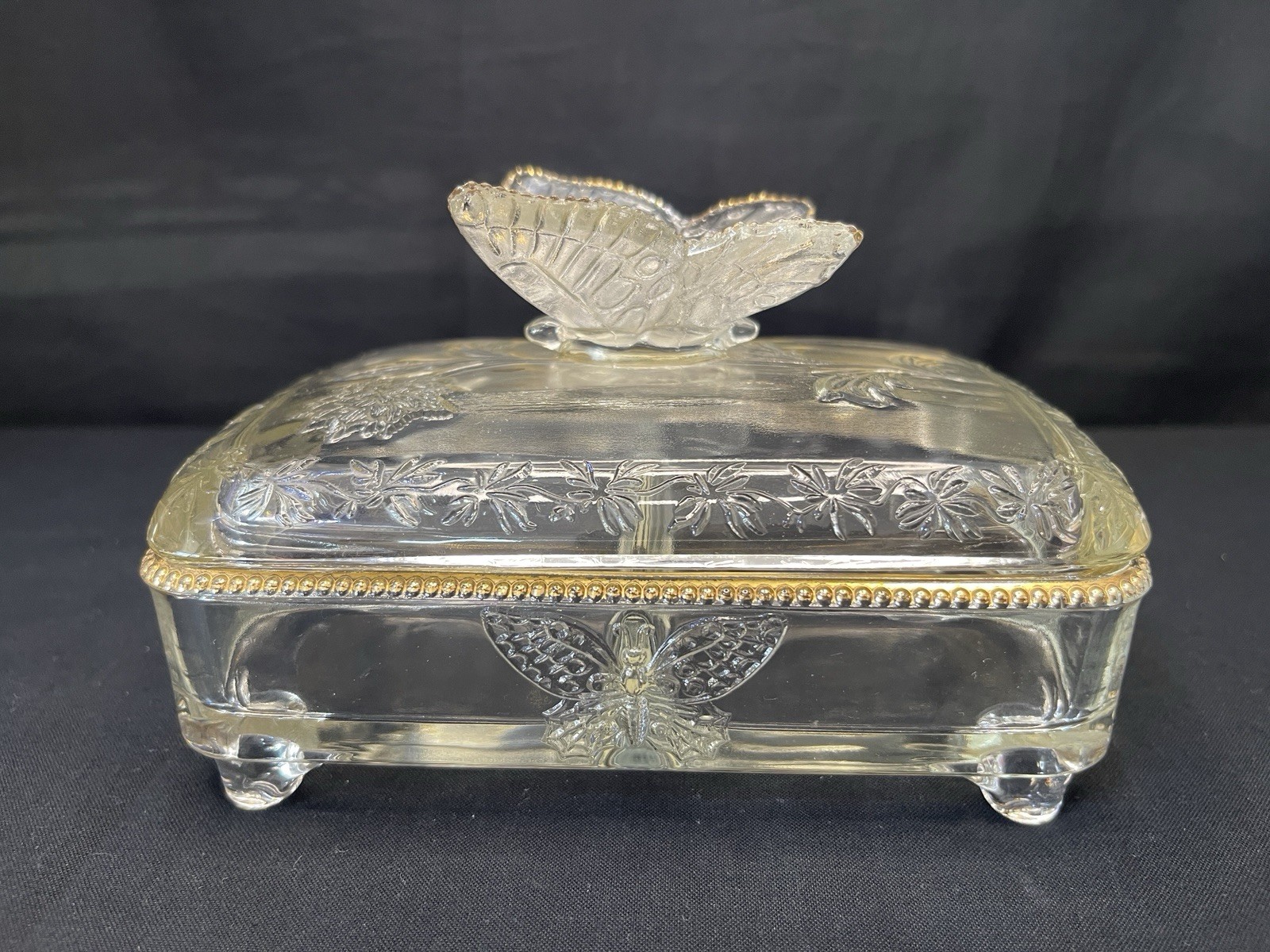 Vintage Jeannette Glass Butterfly Clear Cigarette Box Gold Trim Beaded Footed