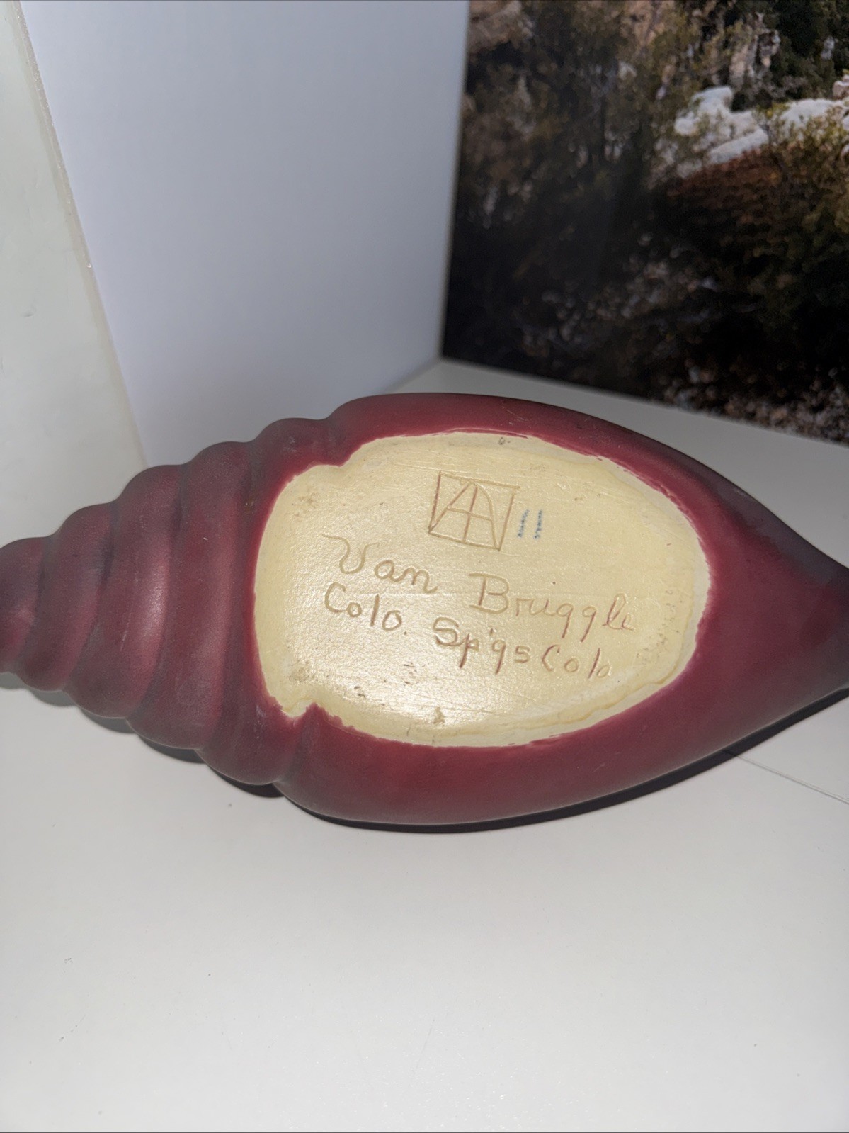 Van Briggle Pottery Conch Shell Bowl Mulberry Red Colorado Springs Signed 12 in