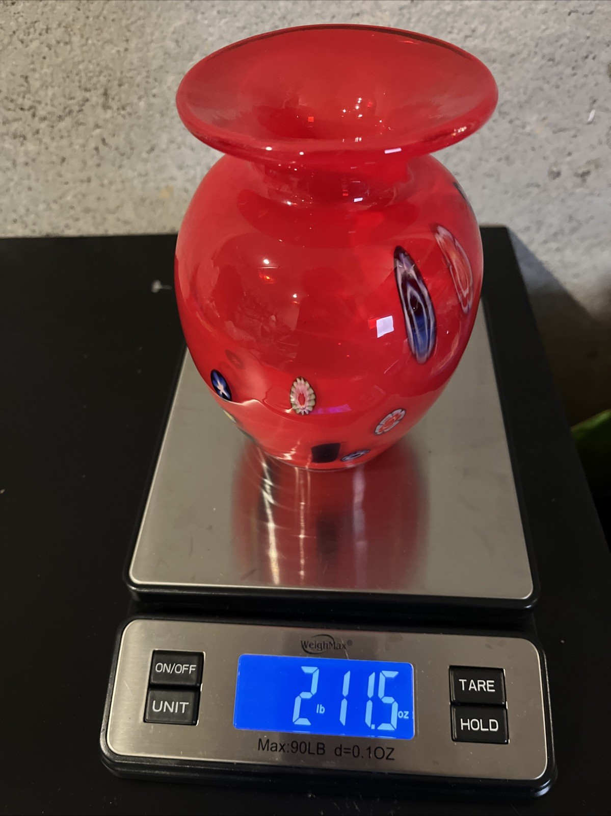 Red Multicolor Millefiori Art Glass Vase About 6.5” Tall