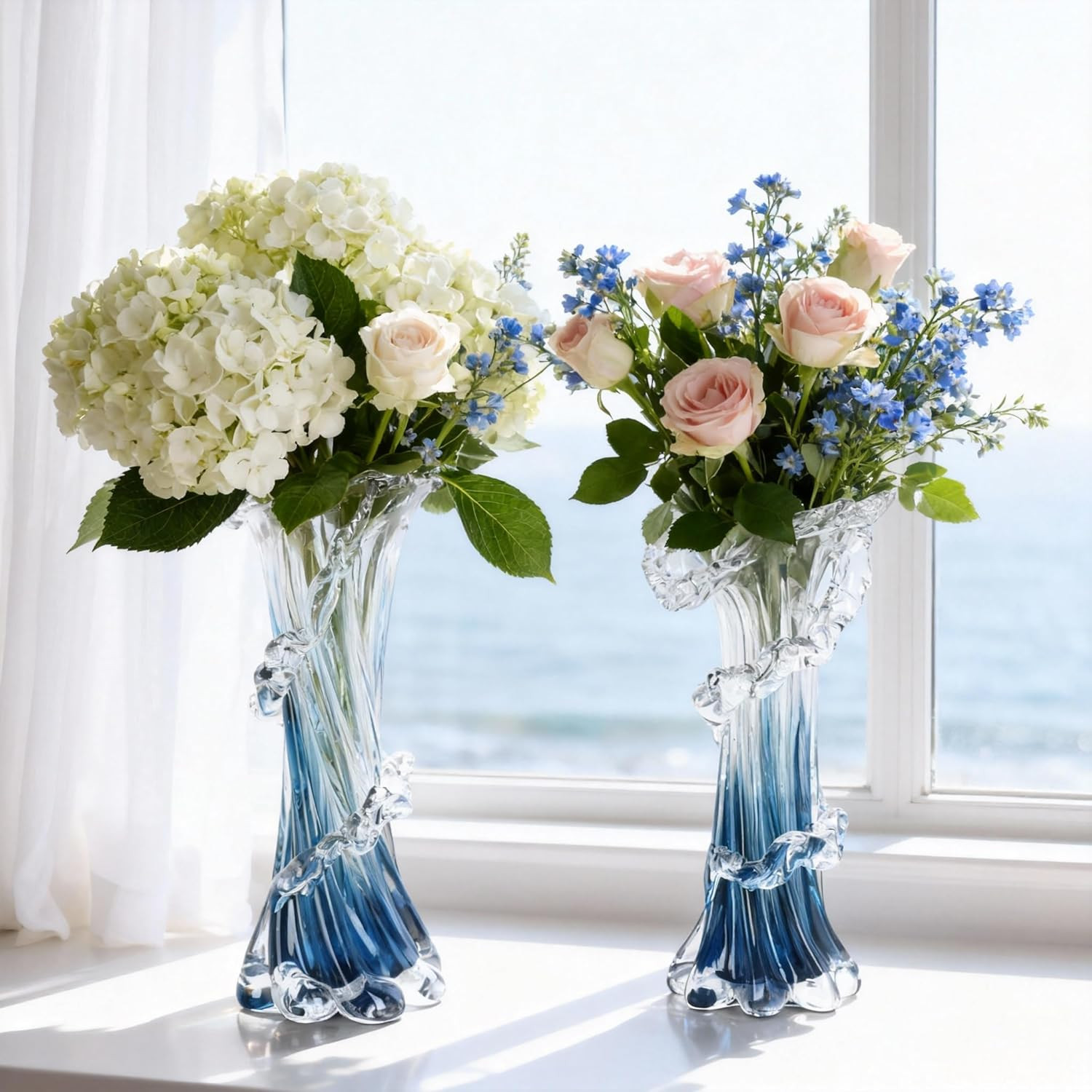 9.8″ Blue Hand Blown Glass Vase – Unique Coastal Centerpiece for Home Decor