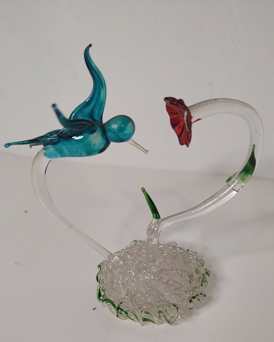 Vintage Lot of 2 Hand Spun Art Glass Feeding Humming Birds 1 w/Gold Detail