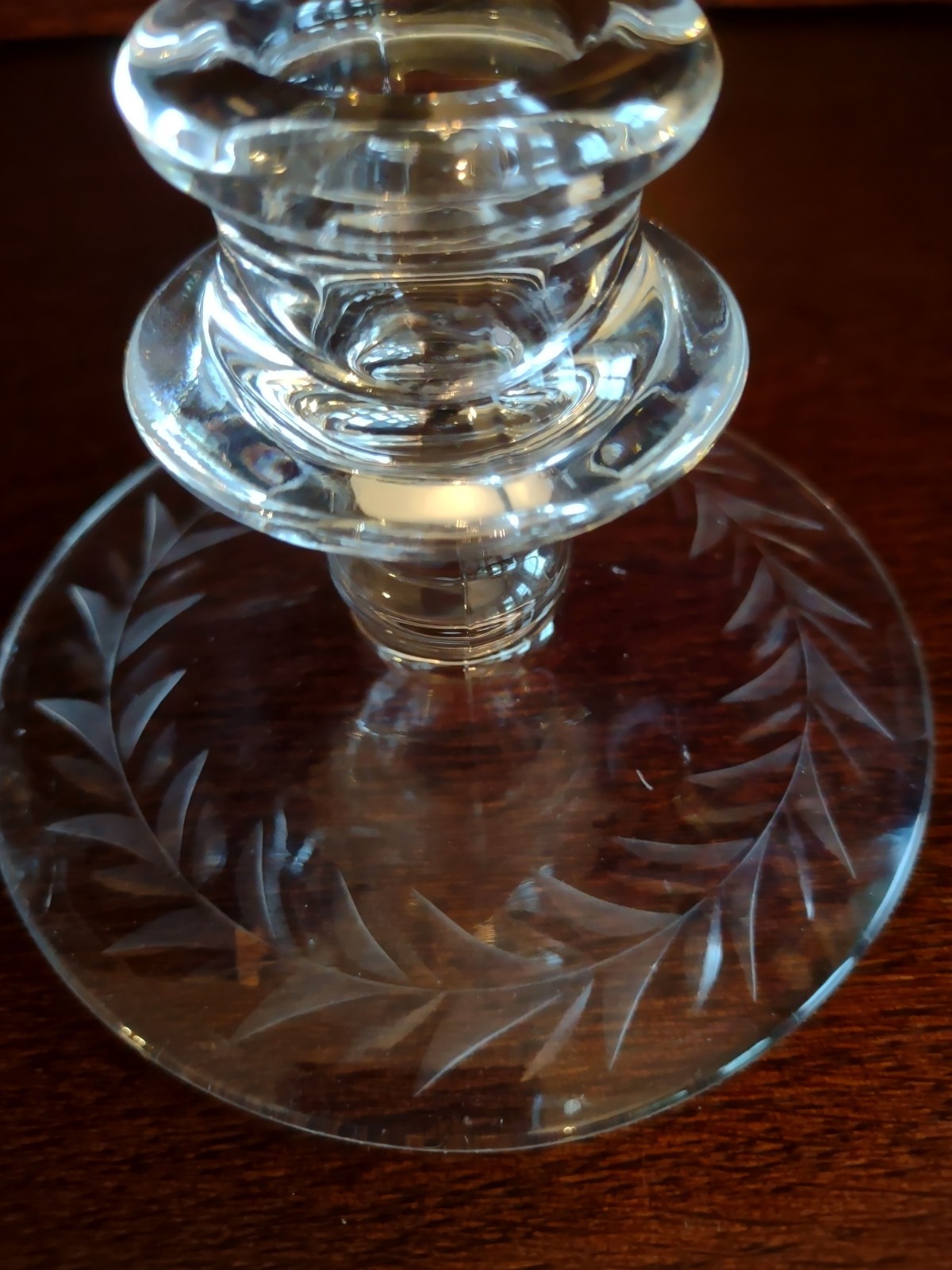 Pair Of Fostoria Etch Holly Low Stick Glass Candlesticks About 3.25 Inches Tall