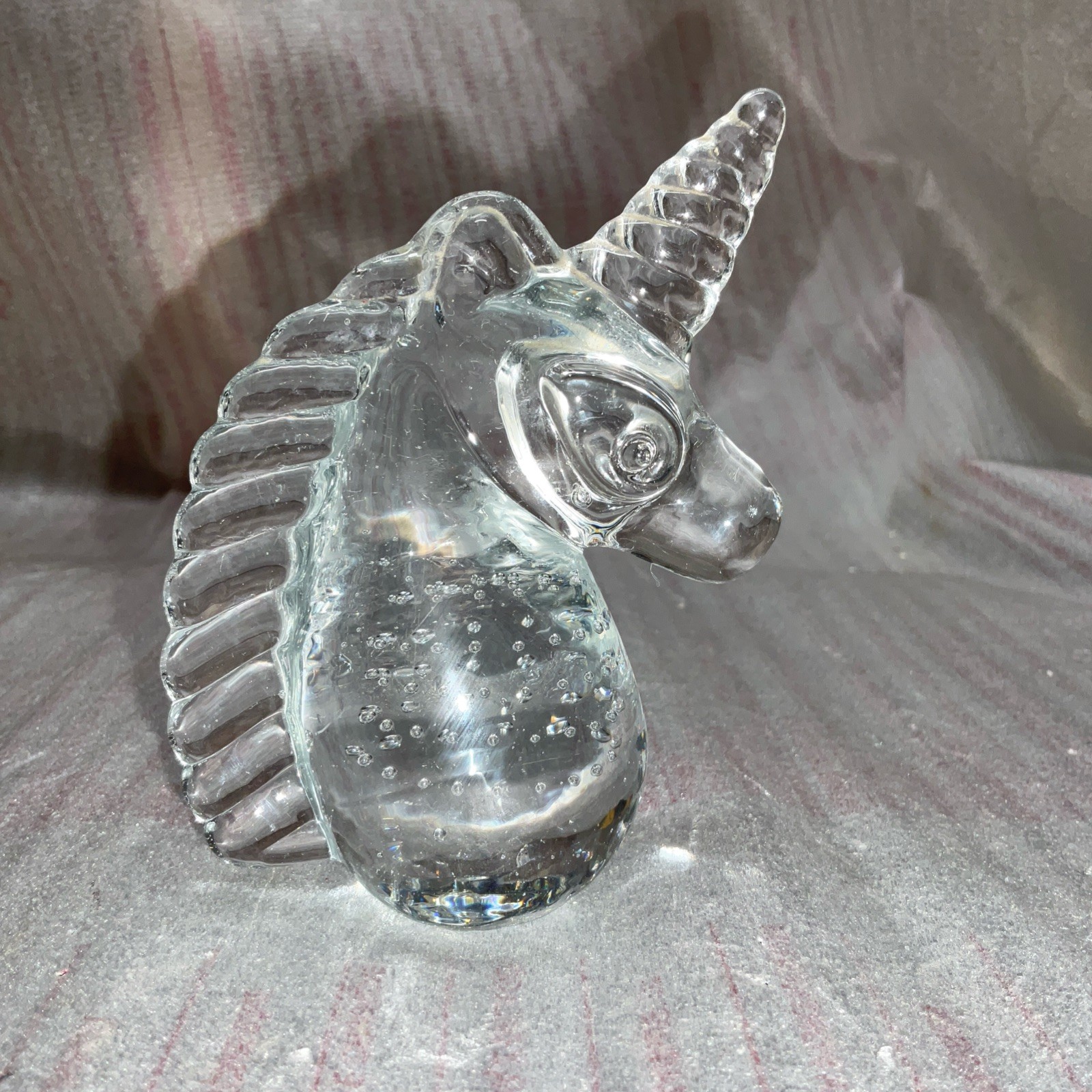 Vintage Bubbles Clear Art Glass Unicorn Figurine Paper Weight 4”