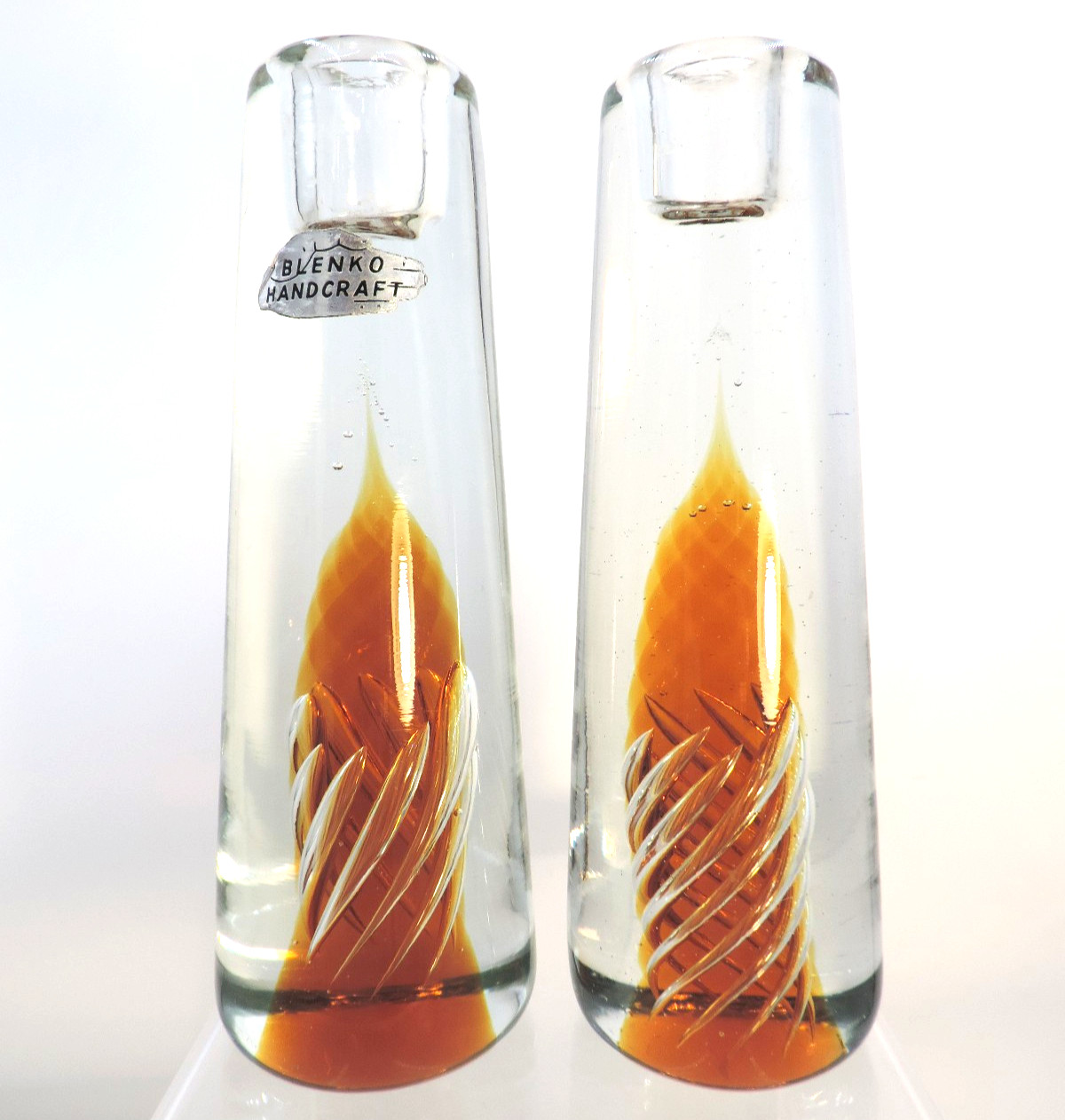 Pair Vintage Blenko Handcraft Joel Philip Myers 7″ Amber Twist Glass Candlestick