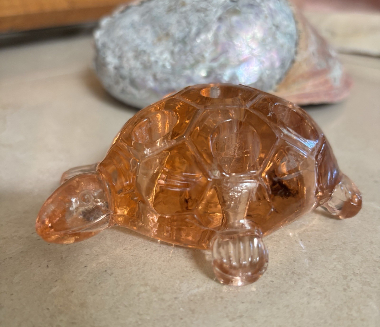 Vintage Glass Turtle ~ Flower Frog ~ Pink Glass ~ 7 Hole ~ 4 3/8”