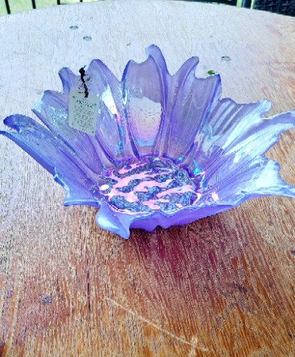 AKCAM Iridescent Glass Decorative Flower Bowl Purple Handmade In Turkey