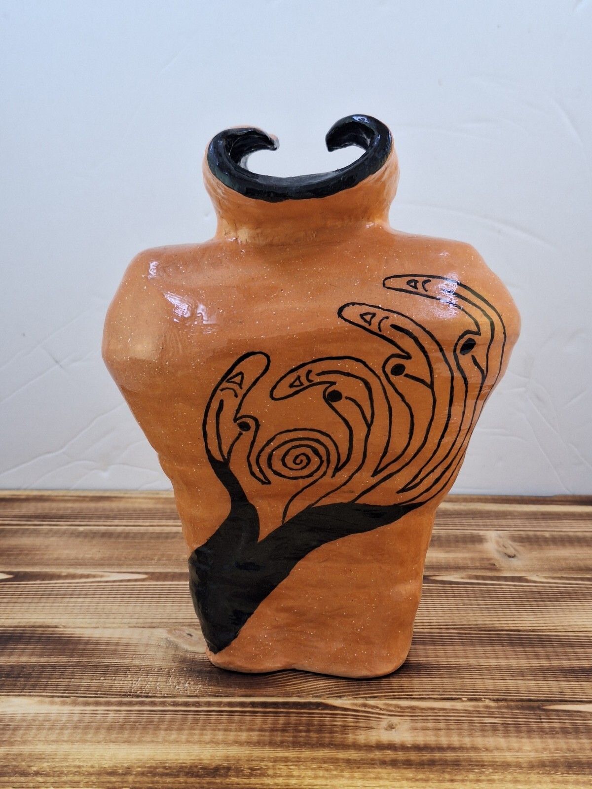 Stoneware Abstract 8″ Vase Curles Edge Hand Painted Western Indian Signed Dated
