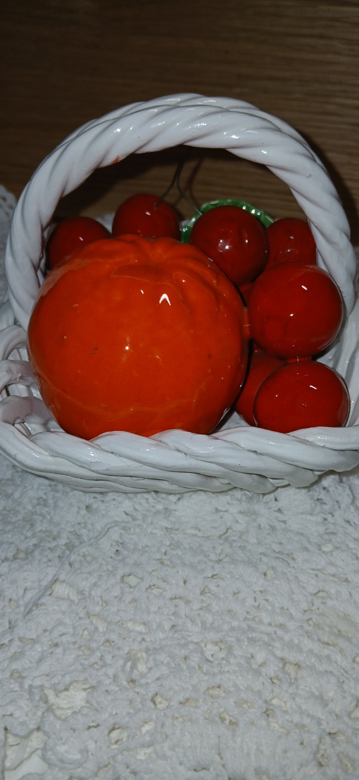 Vintage Italian White Ceramic Decorative Basket Fruit Pattern, 7x5x4″
