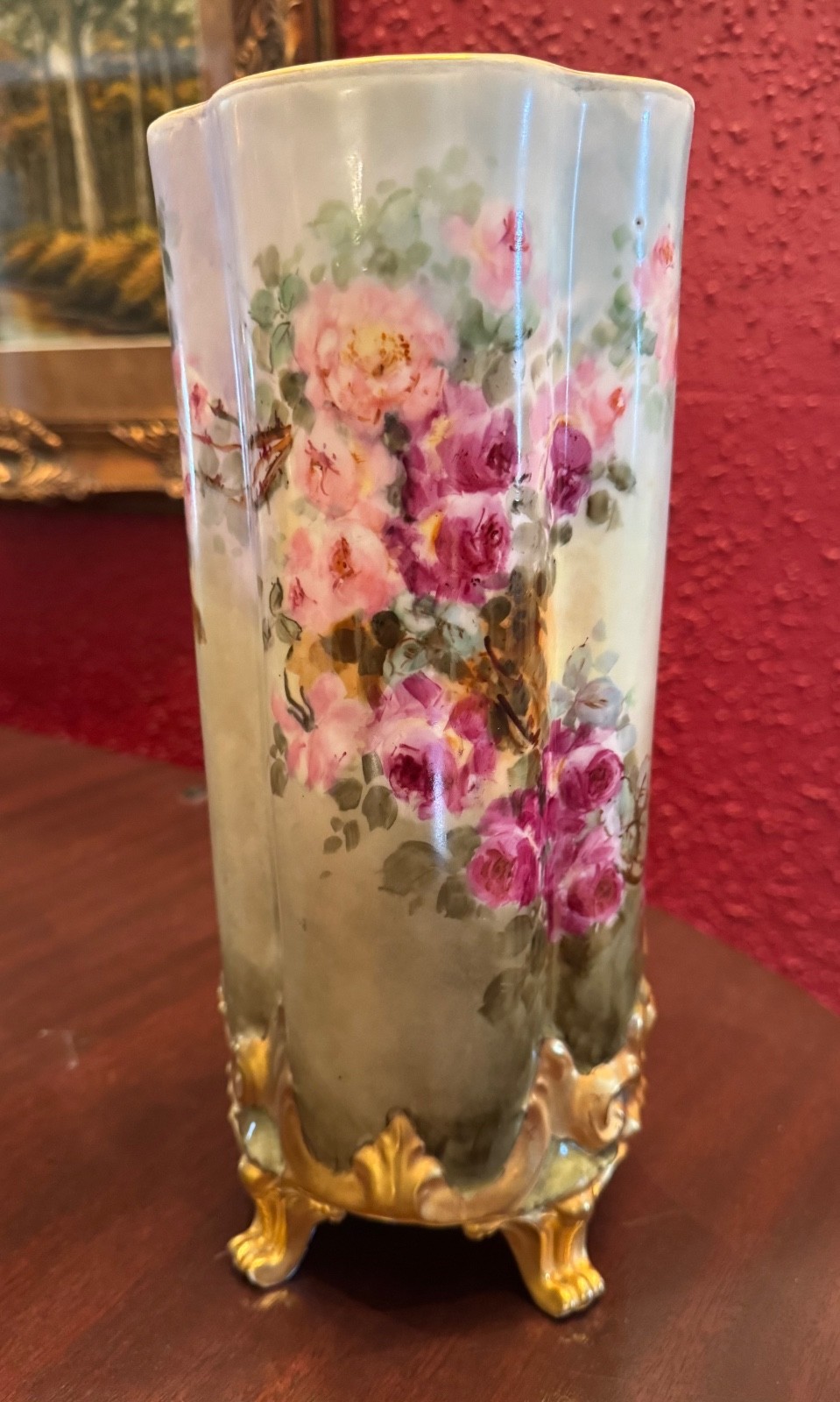 1894-1906 Gorgeous Large 10 1/4” American Belleek Vase Roses & Gold