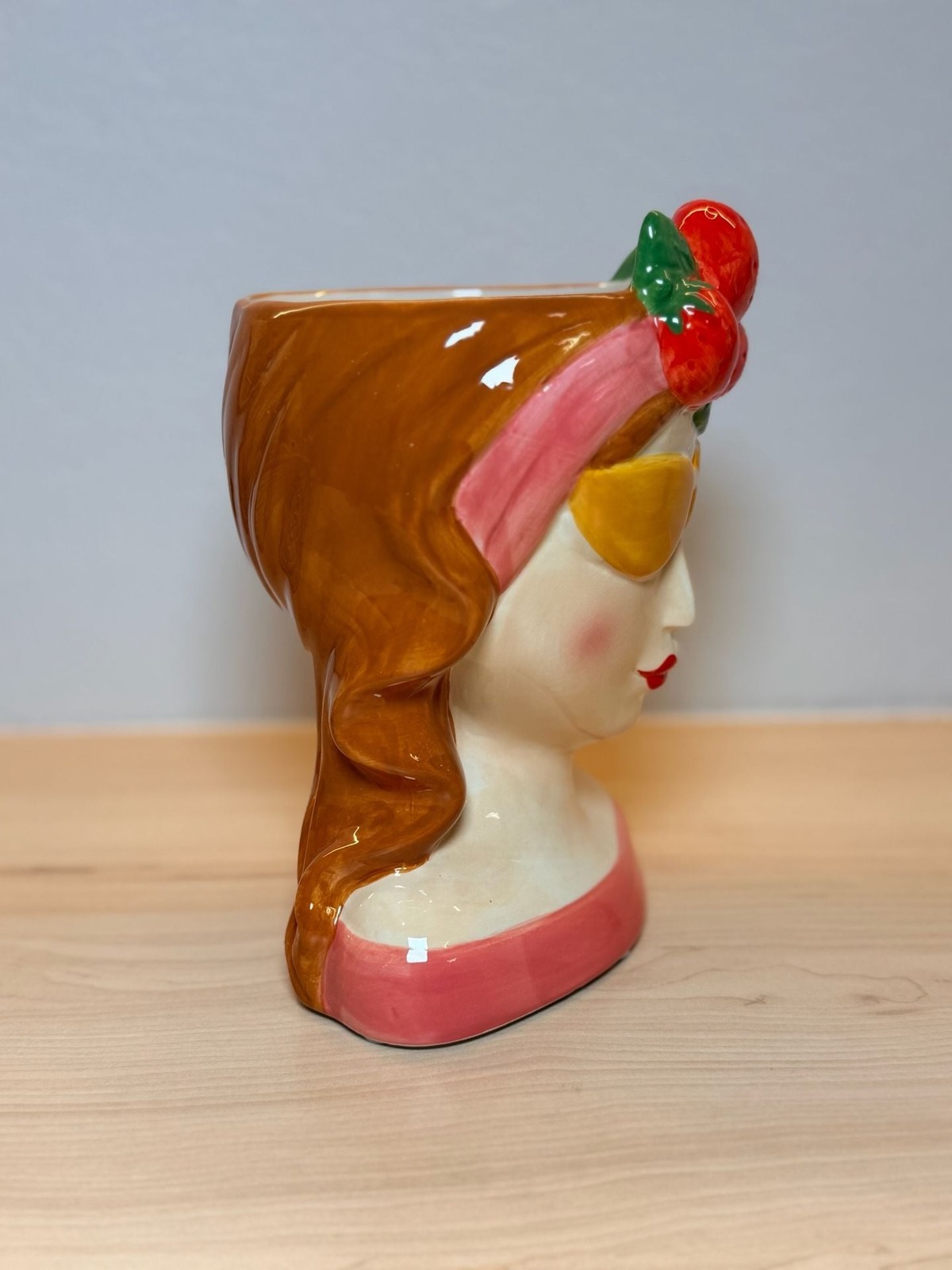 Strawberry Lady Head Ceramic Vase with Yellow Sunglasses