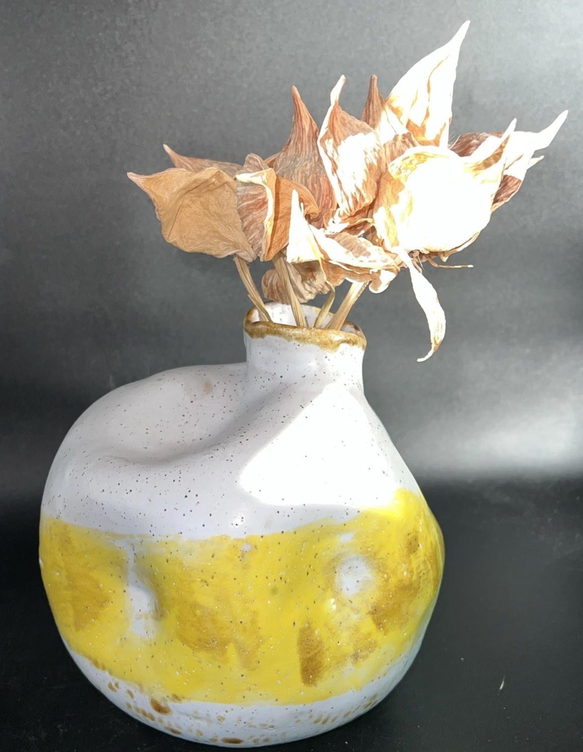 Handcrafted Studio Pottery Vase Modern Organic Pinched Form Yellow Glaze Signed