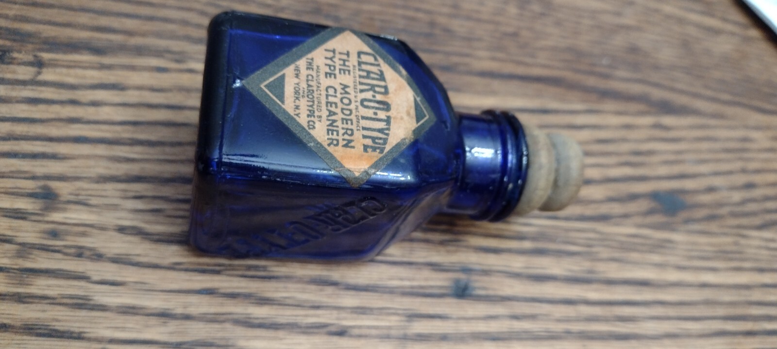 Antique Clar-O-Type Cobalt Blue Bottle – Wooden Stopper – Typewriter Cleaner