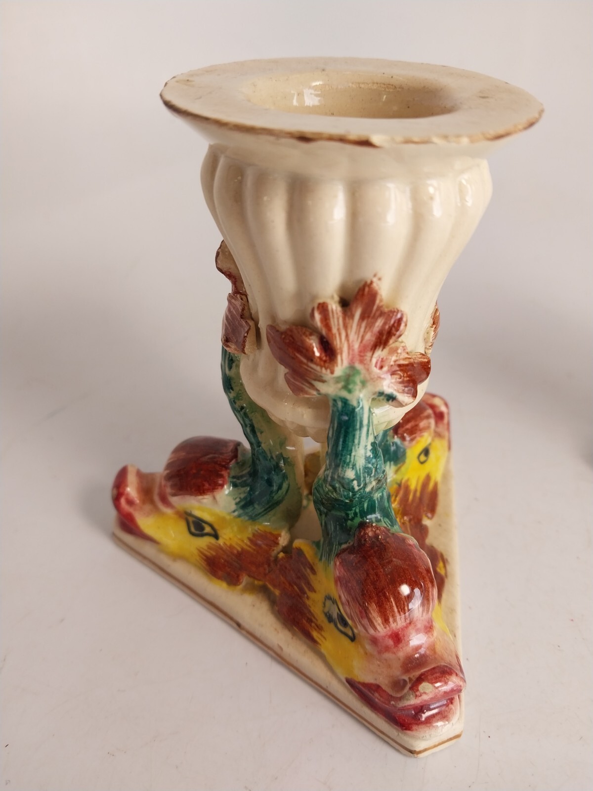 Antq Agostinelli Dal Pra Majolica Figural 3D Fish Dolphin Candlestick Pair Italy