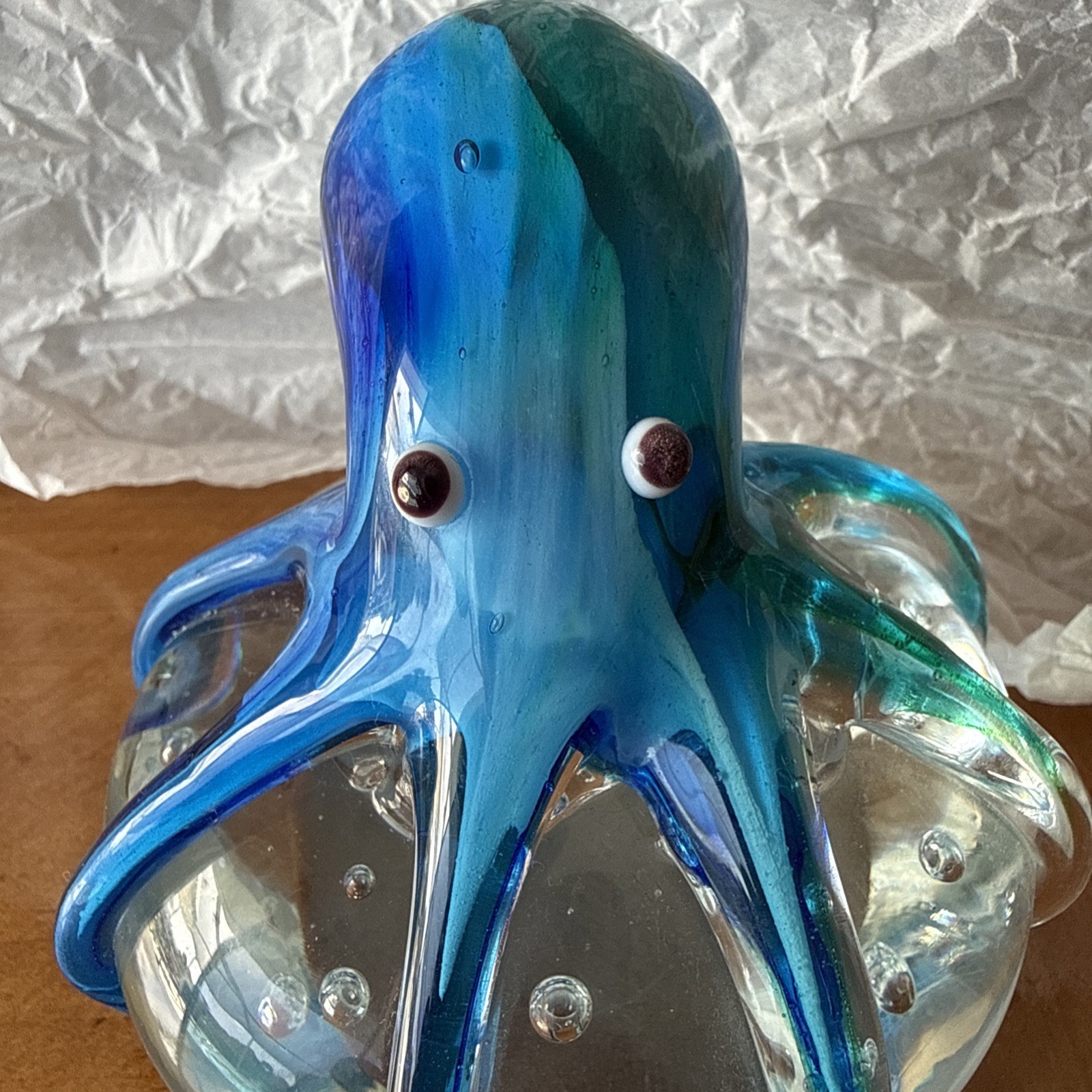 Beautiful Aqua/Teal/Cobalt Hand Blown Art Glass Octopus Paperweight 4.25″ TALL