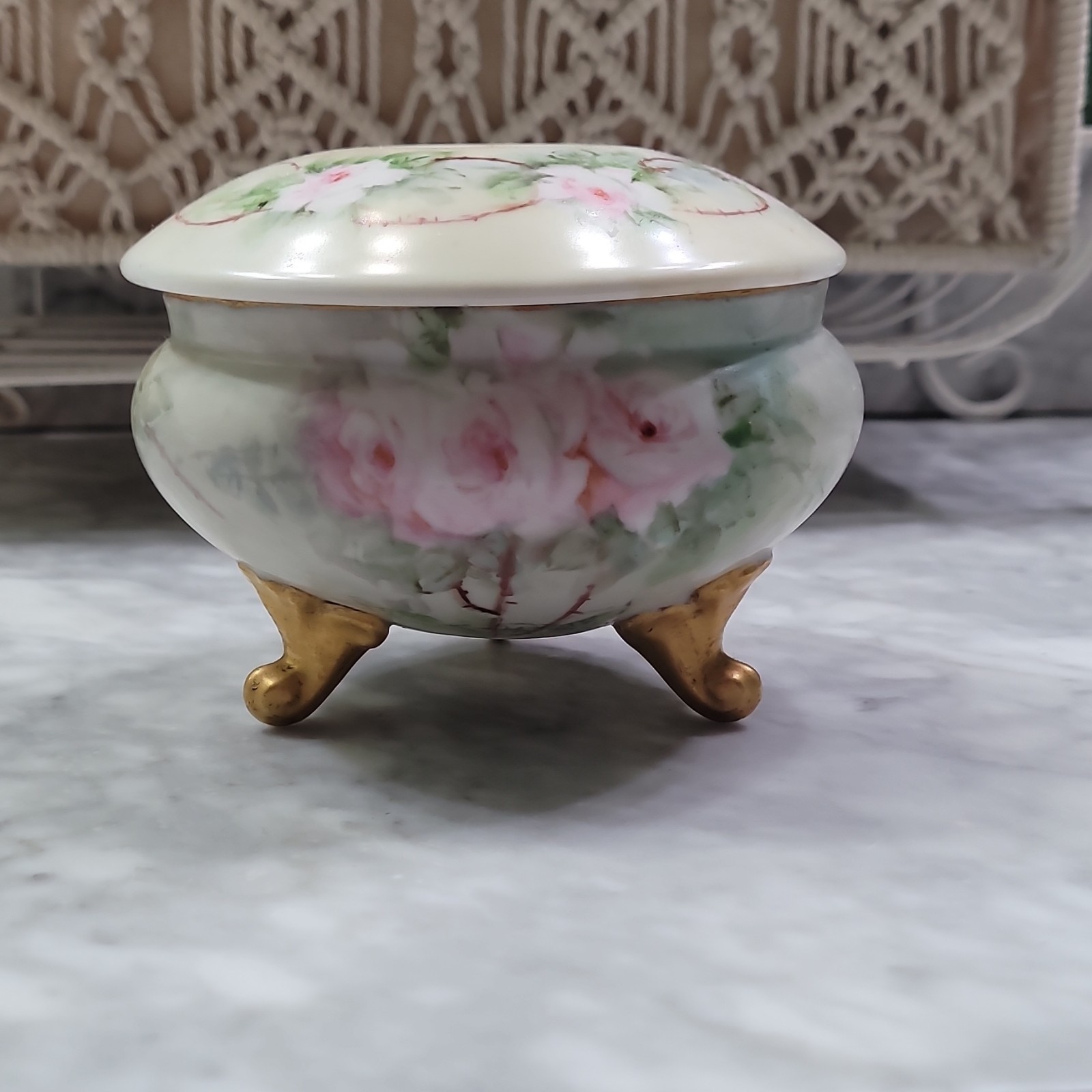 Set of Bavaria Porcelain Floral Lidded Trinket Box and Hair Receiver