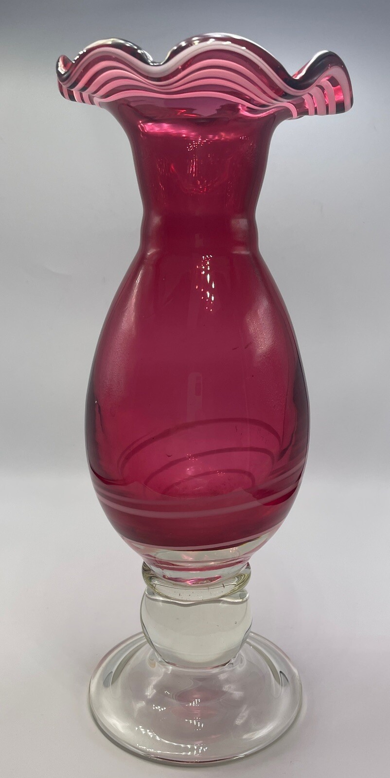 Vase Pink Blown Glass Vtg White Swirls Ruffled Rim Heavy