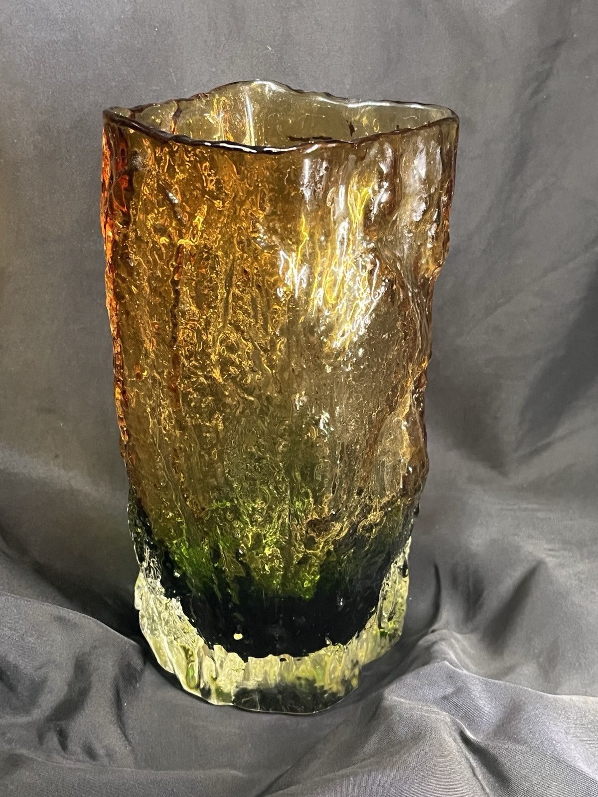 Vintage Yellow & Green Ombré Scandinavian Tree Bark Textured Glass Vase 8”